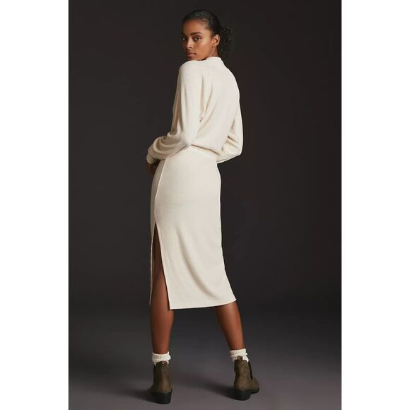 ANTHROPOLOGIE Daily Practice Cream Ribbed Cowl Neck Sweater Midi Dress Small - Picture 2 of 12